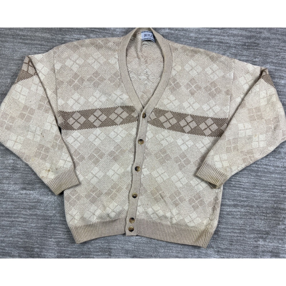 Duplex Mens Retro‎ 90s Cardigan Large Beige Grandpa Sweater Knit Long Sleeve